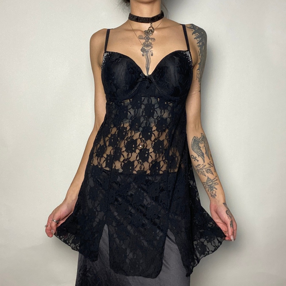 Smart & Sexy Black Floral Lace Babydoll Chemise Push Up Lingerie Dress Size 36C